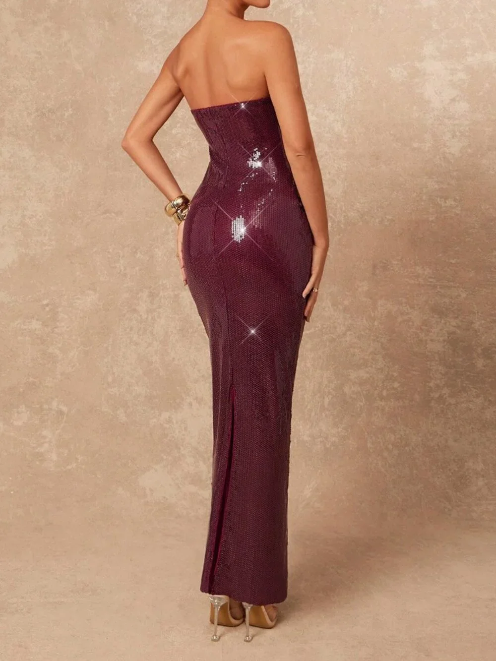 Burgundy Party Women's Bodycon Strapless Ruched Slit Maxi Dress